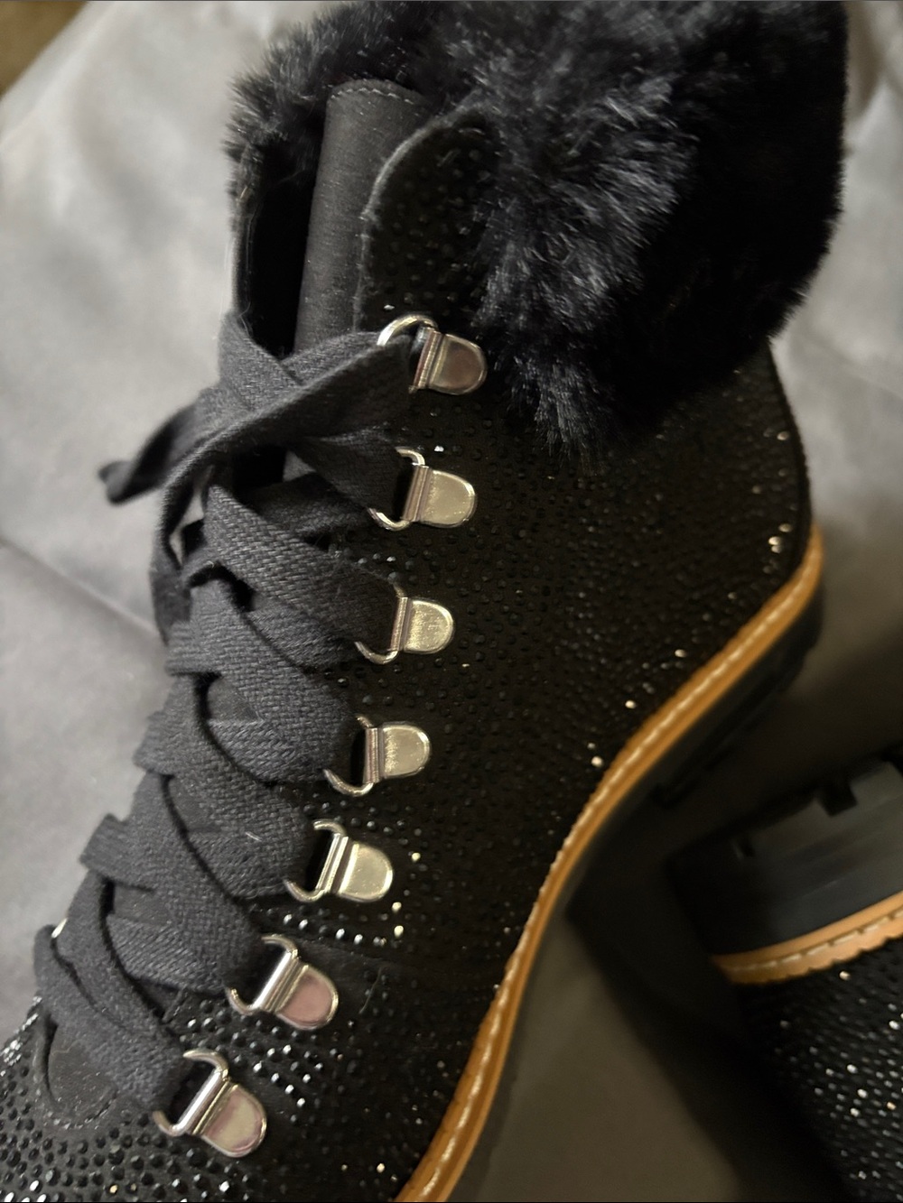 INC International Concepts Black Crystal Lace-Up Faux Fur Ankle Boots - Picture 5 of 5
